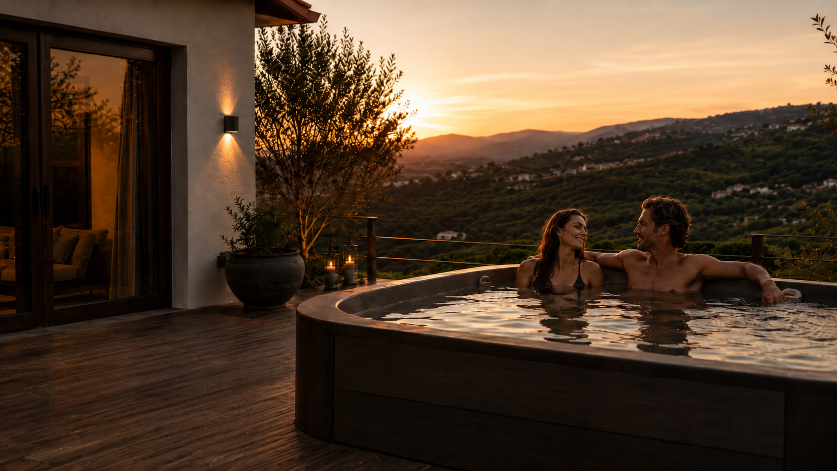 Un couple profite de son spa au coucher du soleil