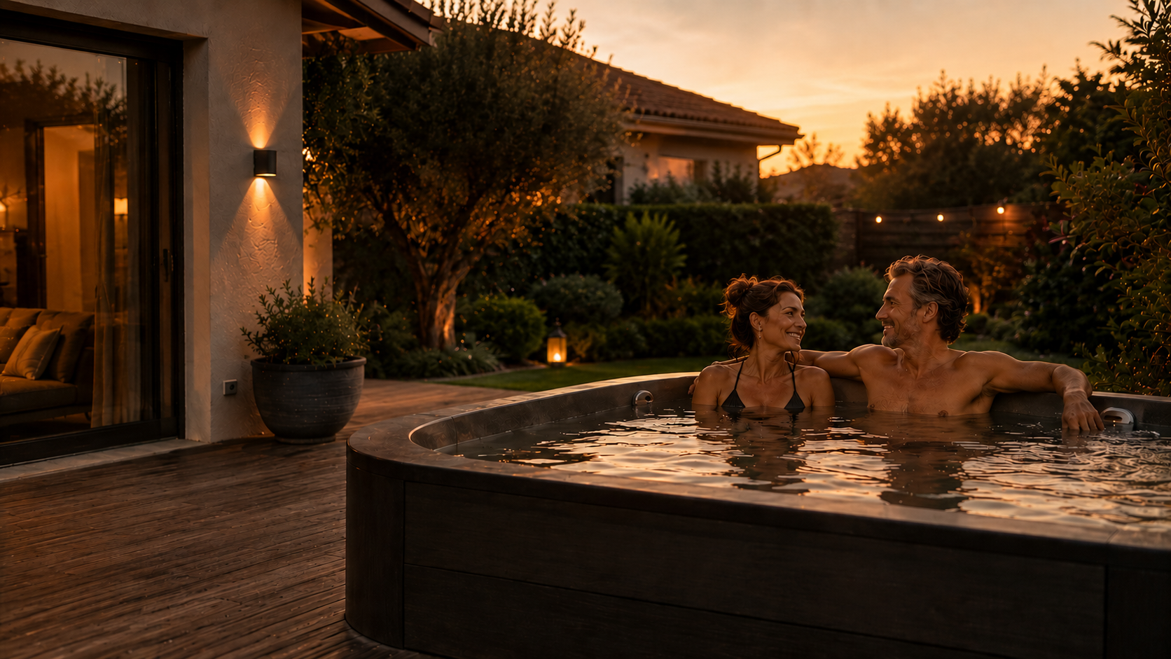 Un couple profite de son spa au coucher du soleil
